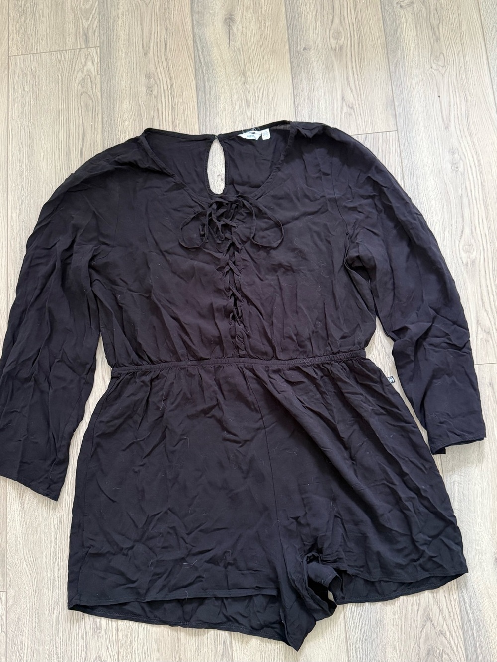 Black Lace-Up Long Sleeve Romper - Swim coverup